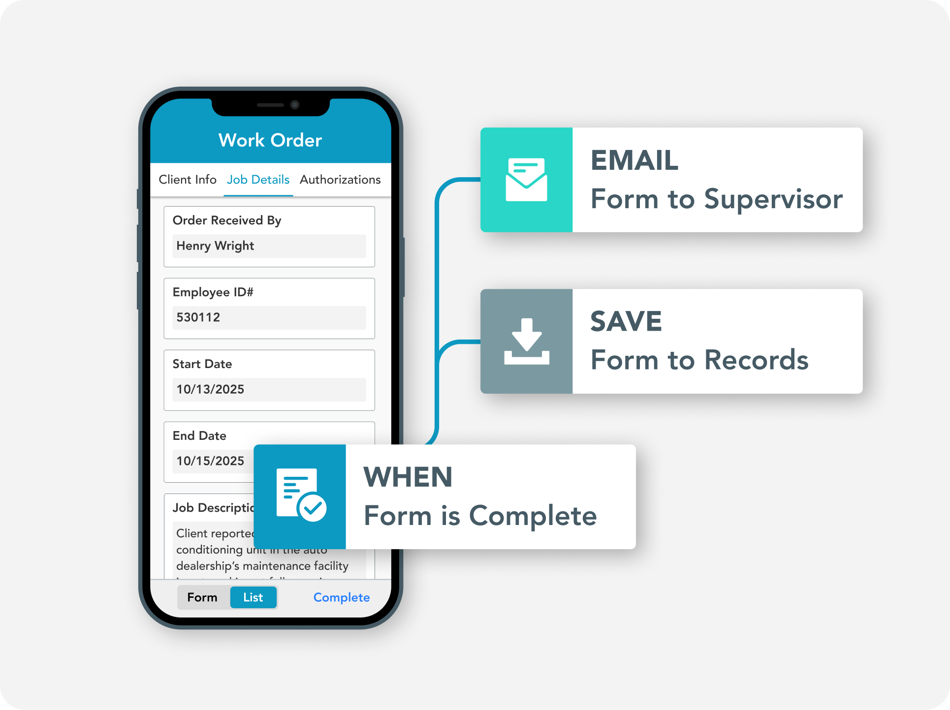 Automated work order workflow in GoFormz that emails completed forms and saves them to business records.