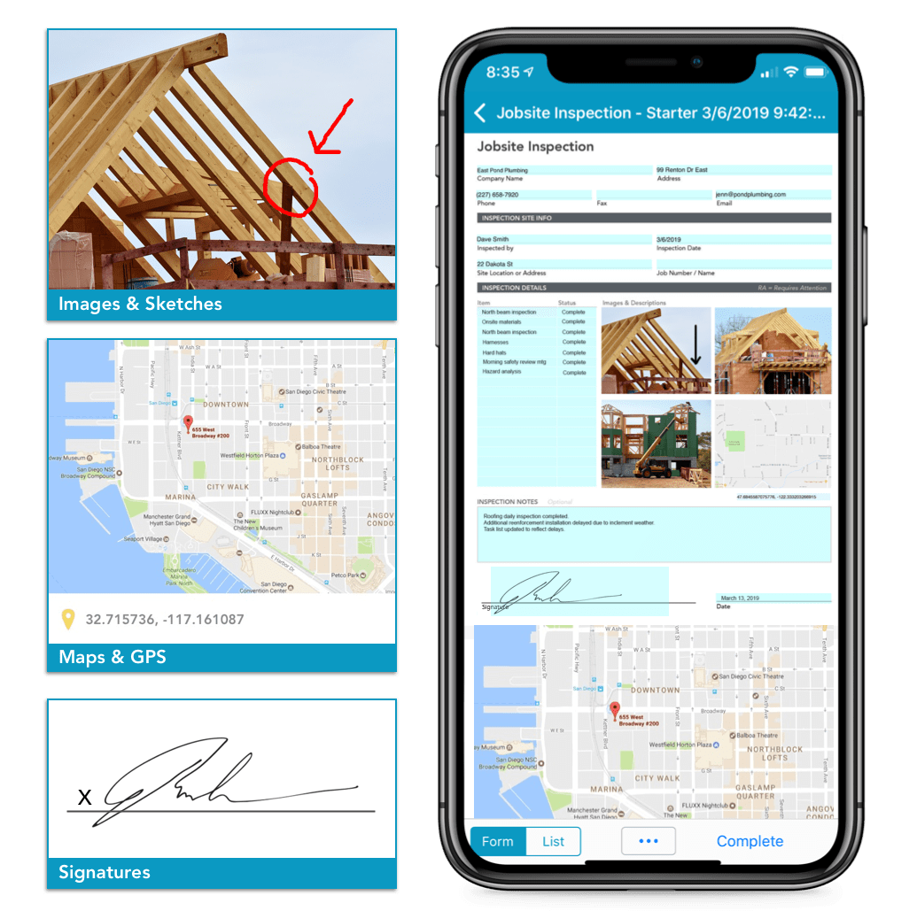 A fillable form on iPhone next to an image field, a map field, and an electronic signature.