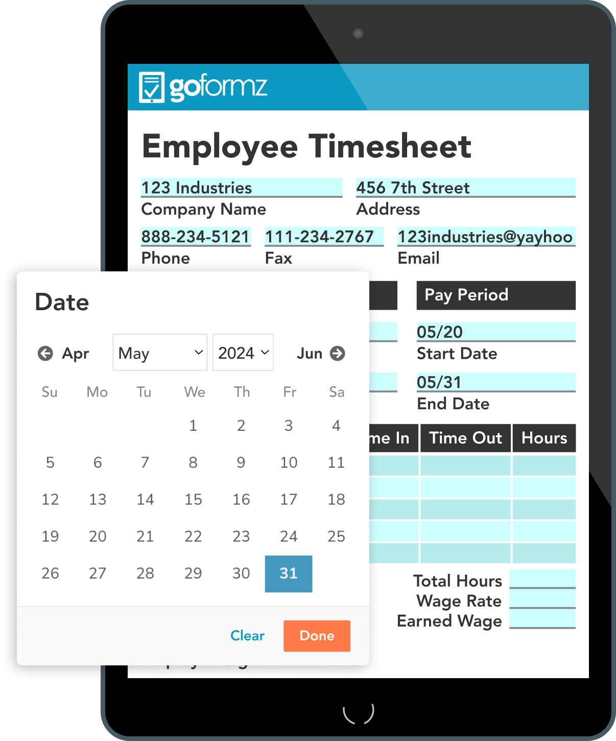 Digital timesheet on white iPad displaying automatic calculations