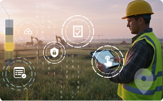 Worker using a tablet in the field with security icons.