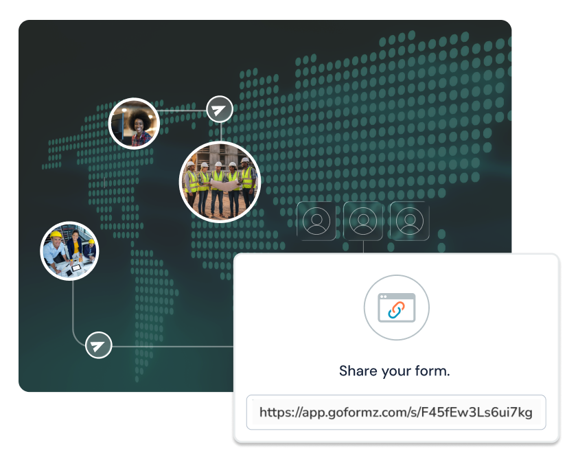 World map with a panel showing a shareable GoFormz form link.