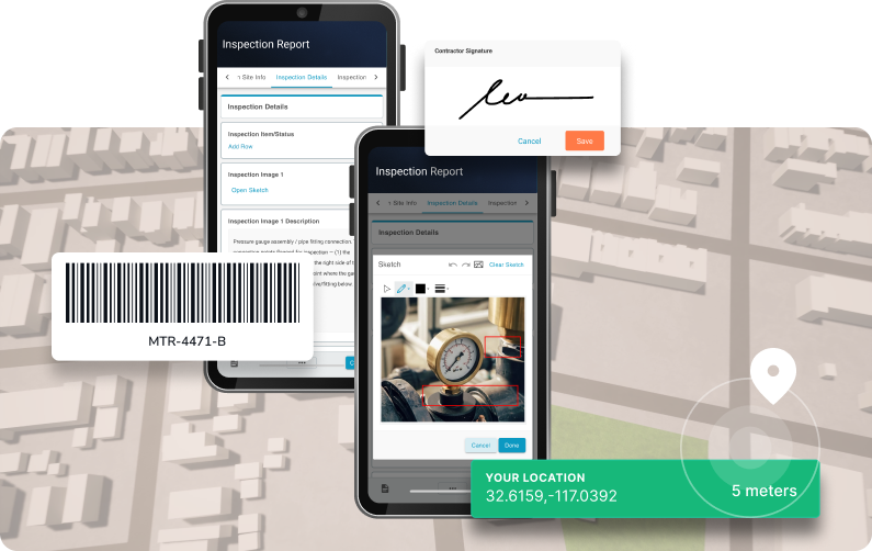 GoFormz inspection forms with signature, barcode, and GPS location.